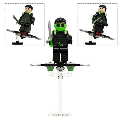 Green Goblin LEGO minifigure, goblin villain custom figure, flying villain brick toy, pumpkin bomb minifig, fan-made Marvel LEGO, Spider-Man enemy figure, glider villain minifig, LEGO compatible bad guy