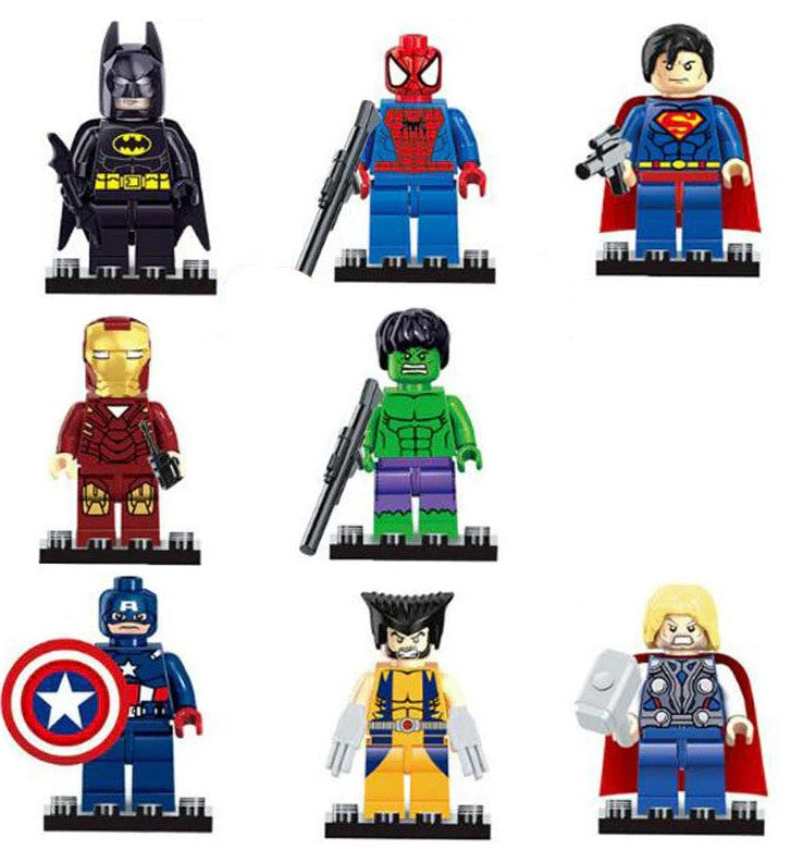 superhero lego minifigure set  
custom marvel dc inspired minifigs  
fan made superhero figures  
lego compatible hero minifigures  
power hero brick figures  
superhero 8 pack minifigs  
iron hero web hero gamma giant  
