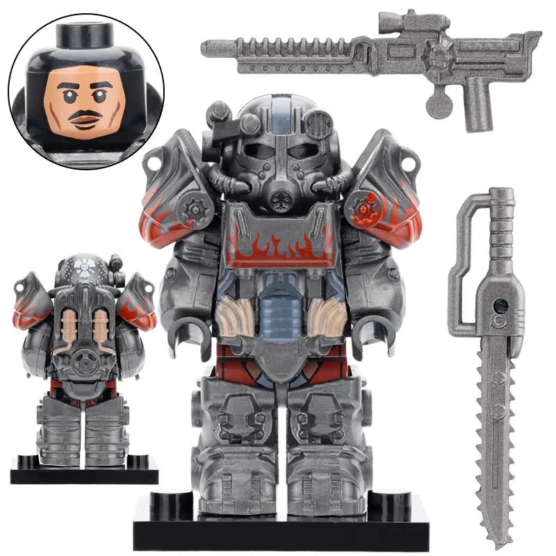 Custom LEGO Fallout Green T-60 Power Armor Minifigure with detailed armor and helmet