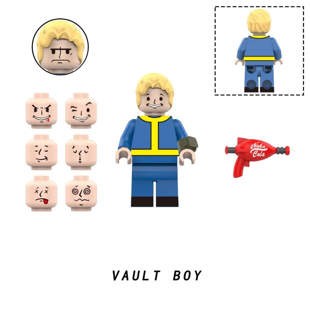 Custom LEGO Vault Boy minifigure from Fallout, featuring his signature blue jumpsuit, yellow hair, and cheerful thumbs-up pose, representing the iconic character known for his optimism in a post-apocalyptic world.