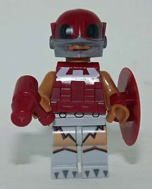 "Zodac Custom LEGO Minifigure with red armor, cosmic helmet, and blaster weapon"
