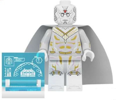 Vision Custom LEGO Minifigure with green and yellow suit, red face, and cape, High-Quality ABS Plastic