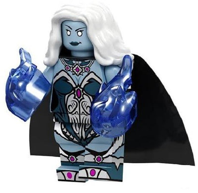 Killer Frost Custom LEGO Minifigure with blue and white attire, frosty hair, and ice accessories