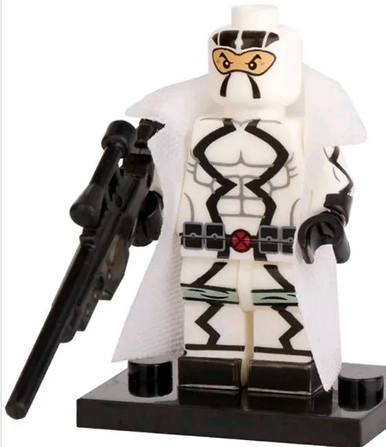 Custom LEGO Fantomex minifigure featuring a sleek black and gray suit with tactical gear, distinctive weapon accessories, and a fierce expression, representing the elite superhero team from Marvel comics.