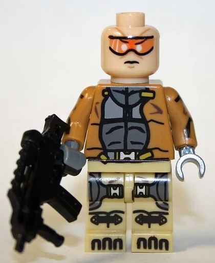 Custom LEGO X-Force minifigure featuring a sleek black and gray suit with tactical gear, distinctive weapon accessories, and a fierce expression, representing the elite superhero team from Marvel comics.