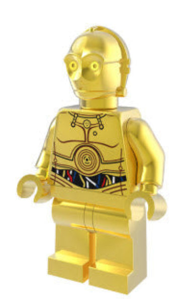 "C-3POD custom LEGO minifigure with gold body and cybernetic detailing"