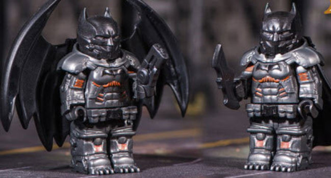Custom minifigure of an armored Batman in a grey battle suit inspired by a popular DC vigilante, compatible with LEGO bricks.