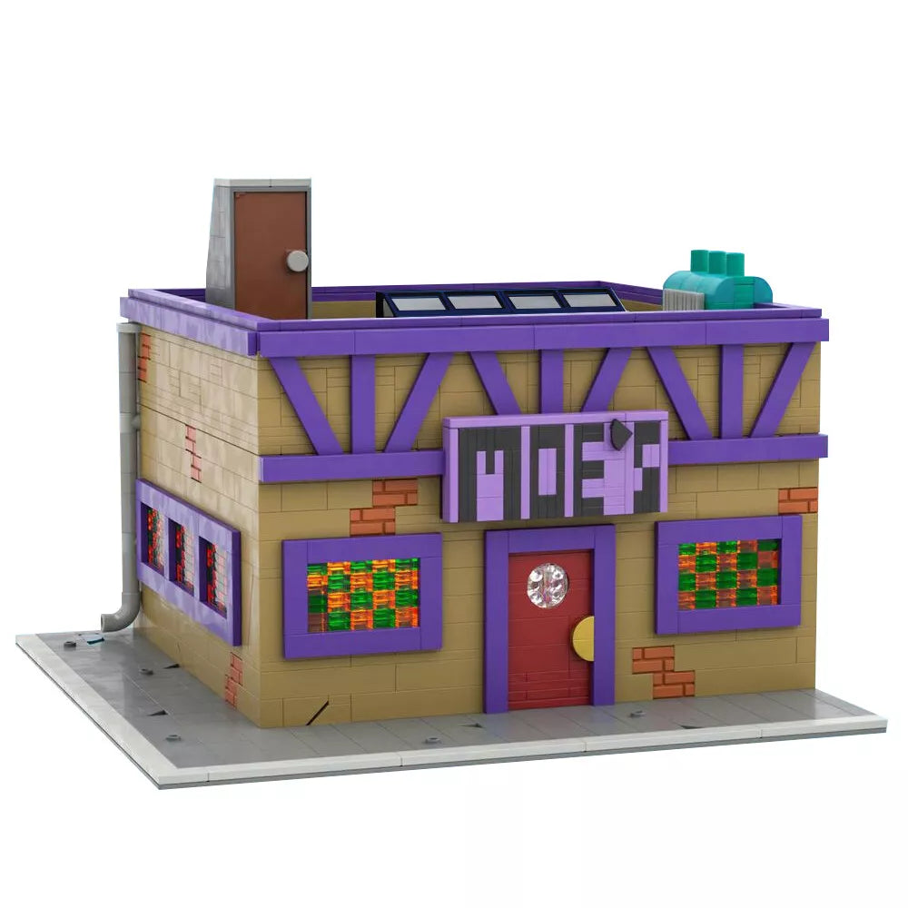 Custom LEGO Moe's Tavern minifigure featuring the iconic exterior with the neon sign, wooden doors, and brick details, capturing the essence of the beloved bar from The Simpsons, complete with miniature elements like a beer mug and barstools.