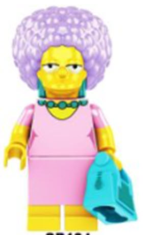 Patty Bouvier Custom LEGO Minifigure with curly purple hair, pink dress, and pearls