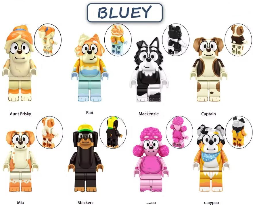 Bluey Custom LEGO Minifigure Set of 8 Featuring Aunt Frisky, Rad, Mackenzie, Captain, Mia, Snickers, Coco, and Calypso - Fan-Based Product