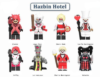 Hazbin Hotel Custom LEGO Minifigure Set with Alastor, Angel Dust, Cherri Bomb, Lucifer Morningstar, Niffty, Sir Pentious, Charlie Morningstar, and Velvette, High-Quality ABS Plastic