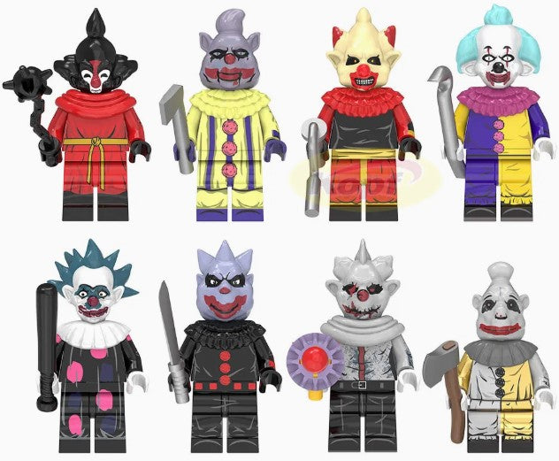 killer klowns LEGO minifigure set  
creepy circus minifigs  
fan made horror clown toys  
8 piece LEGO compatible set  
scary clown custom figures  
spooky carnival minifigs  
horror brick toy collection  
Halloween clown LEGO figures  
