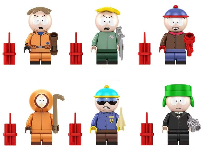 Set of 6 custom cartoon-inspired minifigures including prankster, leader, muffled talker, and more, LEGO-compatible