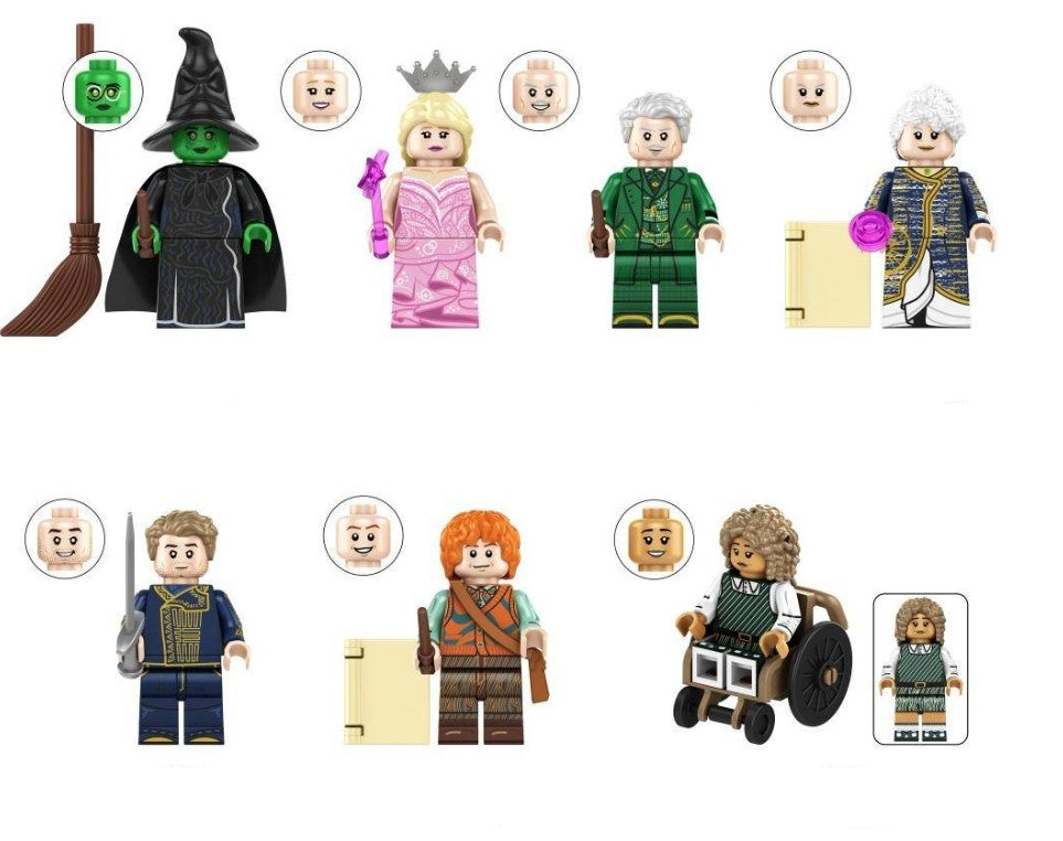 Wicked LEGO minifigure set, musical fantasy custom figures, Broadway witches LEGO, emerald city custom toys, fan-made wizard minifigs, magical minifigure bundle, good witch bad witch figures

