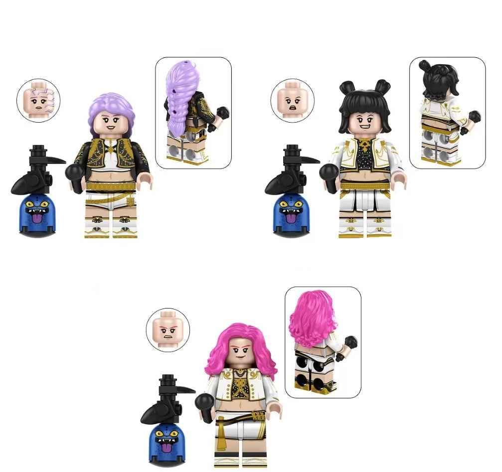 “Custom K-pop inspired anime warrior minifigure set with colorful outfits and weapons, LEGO-compatible”