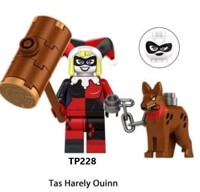 Custom LEGO Harley Quinn minifigure showcasing her iconic red and black costume, playful pigtails, and accessories like a mallet and joker-themed elements, reflecting her mischievous character.