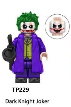 Custom LEGO Joker minifigure showcasing her iconic red and black costume, playful pigtails, and accessories like a mallet and joker-themed elements, reflecting her mischievous character.