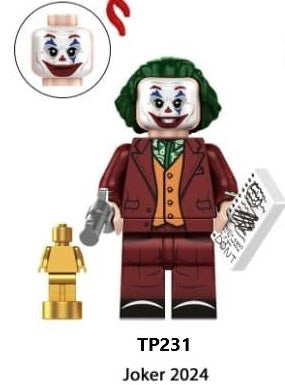 Custom LEGO Joker minifigure showcasing her iconic red and black costume, playful pigtails, and accessories like a mallet and joker-themed elements, reflecting her mischievous character.