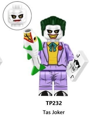 Custom LEGO Joker minifigure showcasing her iconic red and black costume, playful pigtails, and accessories like a mallet and joker-themed elements, reflecting her mischievous character.