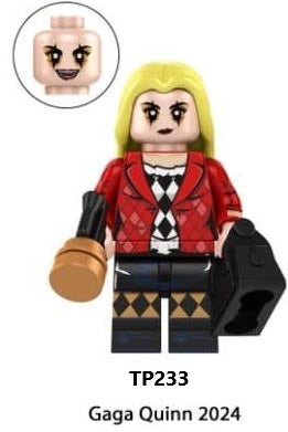 Custom LEGO Harley Quinn minifigure showcasing her iconic red and black costume, playful pigtails, and accessories like a mallet and joker-themed elements, reflecting her mischievous character.