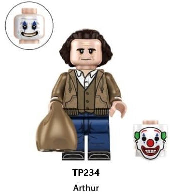 Custom LEGO Arthur Joker minifigure featuring his distinctive clown makeup, green suit, and playful expression, embodying the character's dark and complex persona