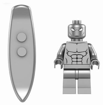 "Silver Surfer custom LEGO minifigure with silver surfboard and metallic finish"