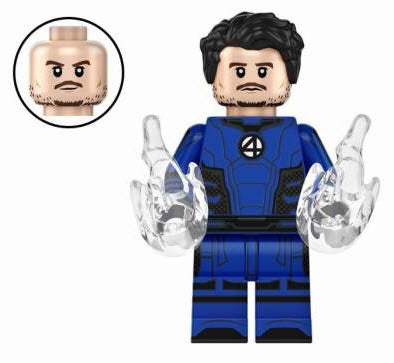 "Mister Fantastic custom LEGO minifigure with blue suit and stretchable arm accessories"