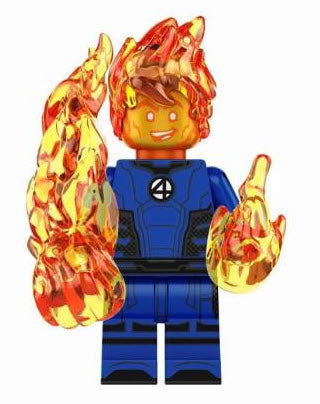 "Human Torch custom LEGO minifigure with blue Fantastic Four suit and flame effects"