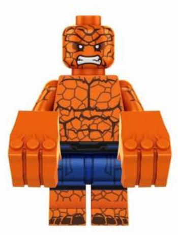 "The Thing custom LEGO minifigure with orange rocky skin and blue shorts"