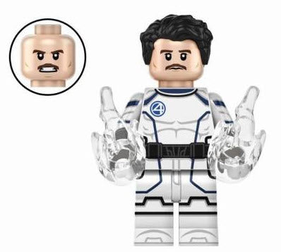 "Mister Fantastic custom LEGO minifigure in white and blue space suit with ‘4’ emblem"