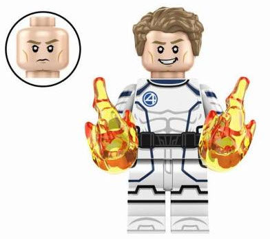 "Human Torch custom LEGO minifigure in white and blue space suit with flame accessories"