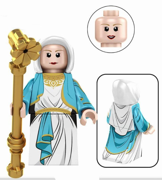 Custom holy mother minifigure in blue and white robes with peaceful expression, LEGO-compatible
