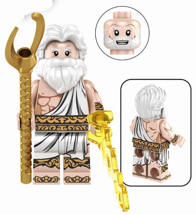 zeus LEGO minifig, greek thunder god toy, mythology custom LEGO-compatible figure