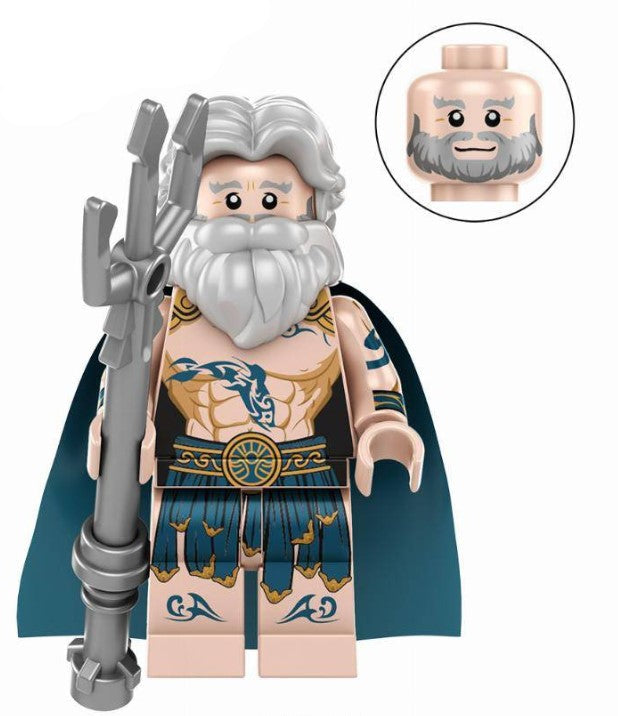 poseidon LEGO minifig, greek sea god toy, trident king custom LEGO-compatible figure