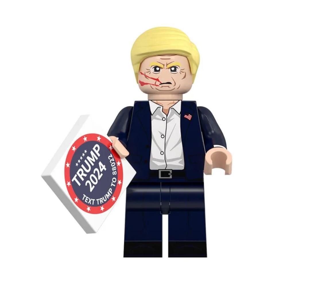 Donald Trump Fight for Freedom Custom LEGO Minifigure with Battle-Worn Details, Blood by Ear, and High-Quality ABS Plastic – LEGO-Compatible Fan Product