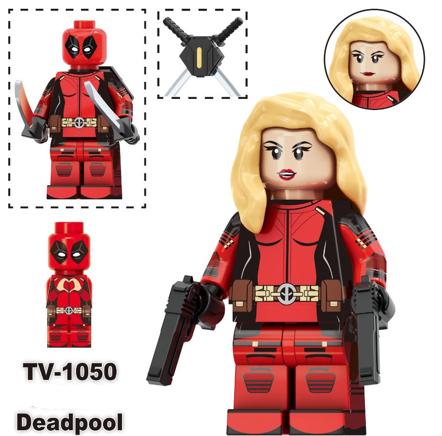 Custom LEGO Deadpool and Marvel characters minifigures featuring vibrant designs, dynamic poses, and detailed accessories, merging iconic comic styles with anime influences, showcasing each character's unique personality and signature weapons in a playful, action-packed setting.