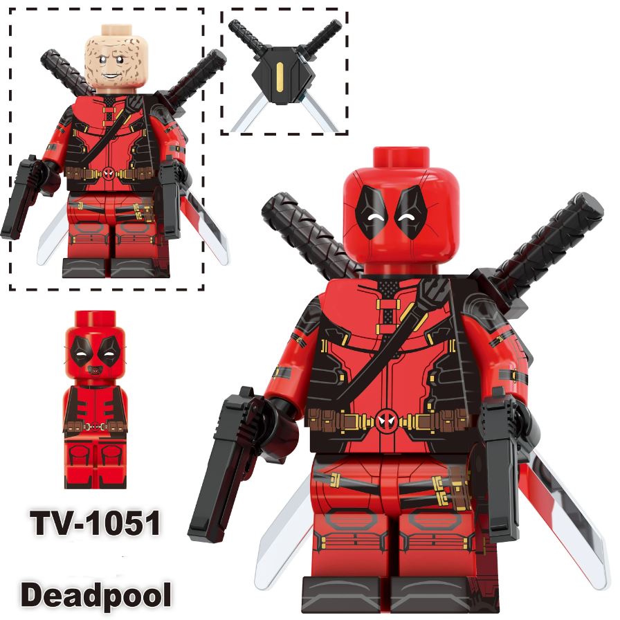 Custom LEGO Deadpool and Marvel characters minifigures featuring vibrant designs, dynamic poses, and detailed accessories, merging iconic comic styles with anime influences, showcasing each character's unique personality and signature weapons in a playful, action-packed setting.