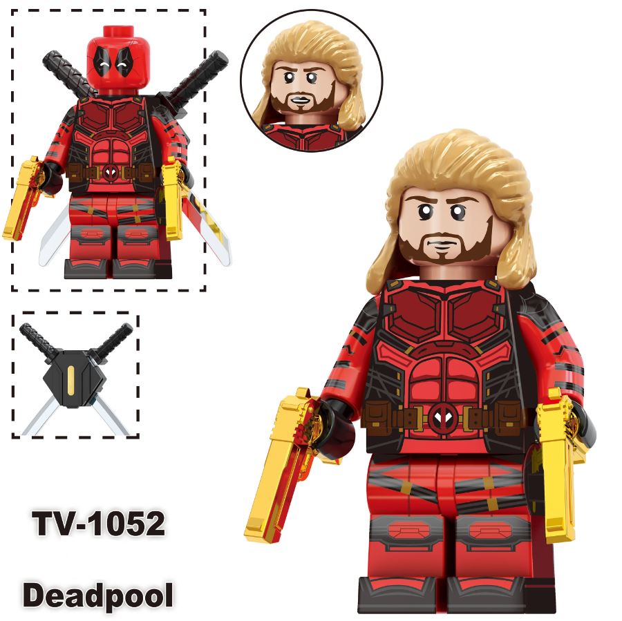 Custom LEGO Deadpool and Marvel characters minifigures featuring vibrant designs, dynamic poses, and detailed accessories, merging iconic comic styles with anime influences, showcasing each character's unique personality and signature weapons in a playful, action-packed setting.