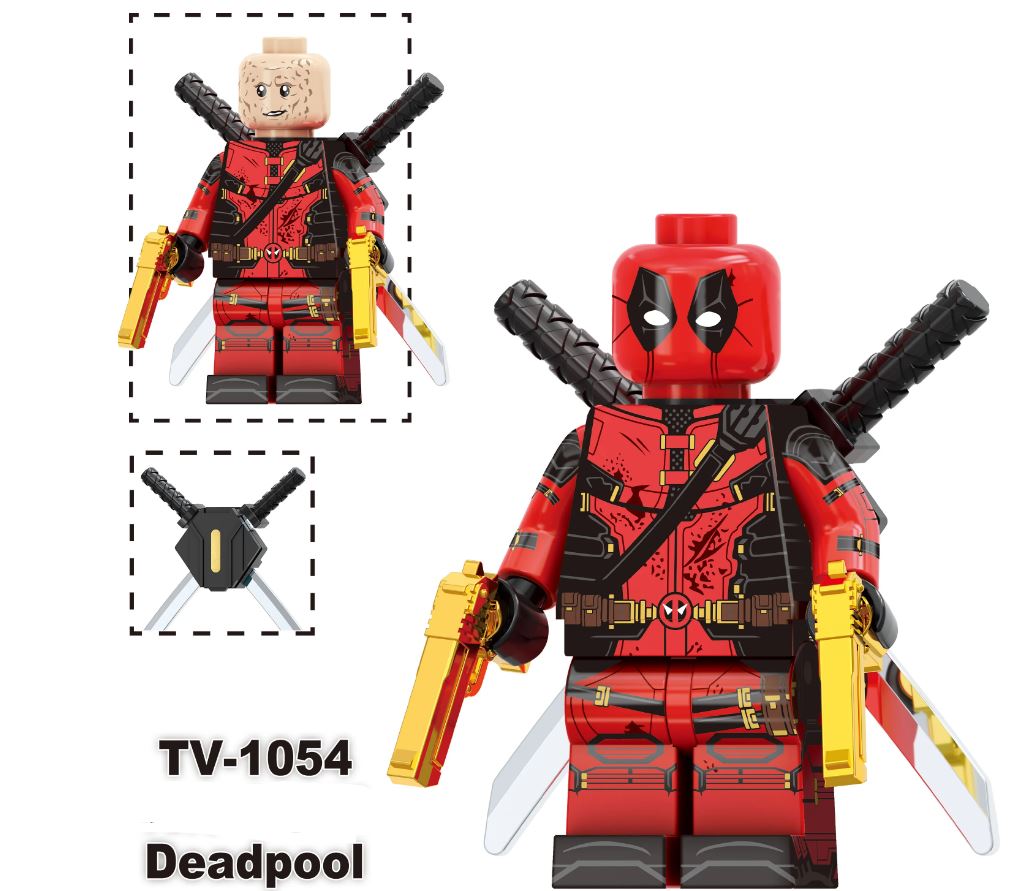 Custom LEGO Deadpool and Marvel characters minifigures featuring vibrant designs, dynamic poses, and detailed accessories, merging iconic comic styles with anime influences, showcasing each character's unique personality and signature weapons in a playful, action-packed setting.