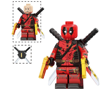 Custom LEGO Deadpool and Marvel characters minifigures featuring vibrant designs, dynamic poses, and detailed accessories, merging iconic comic styles with anime influences, showcasing each character's unique personality and signature weapons in a playful, action-packed setting.