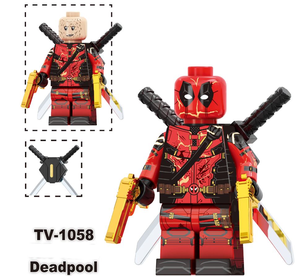 Custom LEGO Deadpool and Marvel characters minifigures featuring vibrant designs, dynamic poses, and detailed accessories, merging iconic comic styles with anime influences, showcasing each character's unique personality and signature weapons in a playful, action-packed setting.