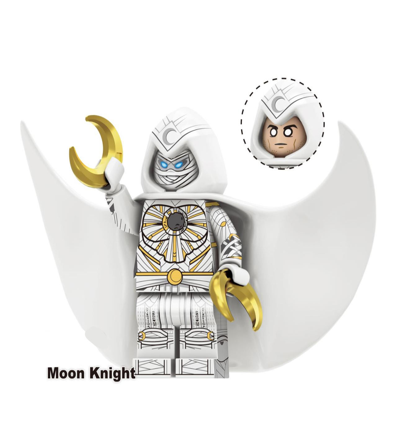 Moon Knight Custom LEGO Minifigure with White and Silver Armor, Crescent Weapon, and Hood – High-Quality ABS Plastic LEGO-Compatible Fan Product