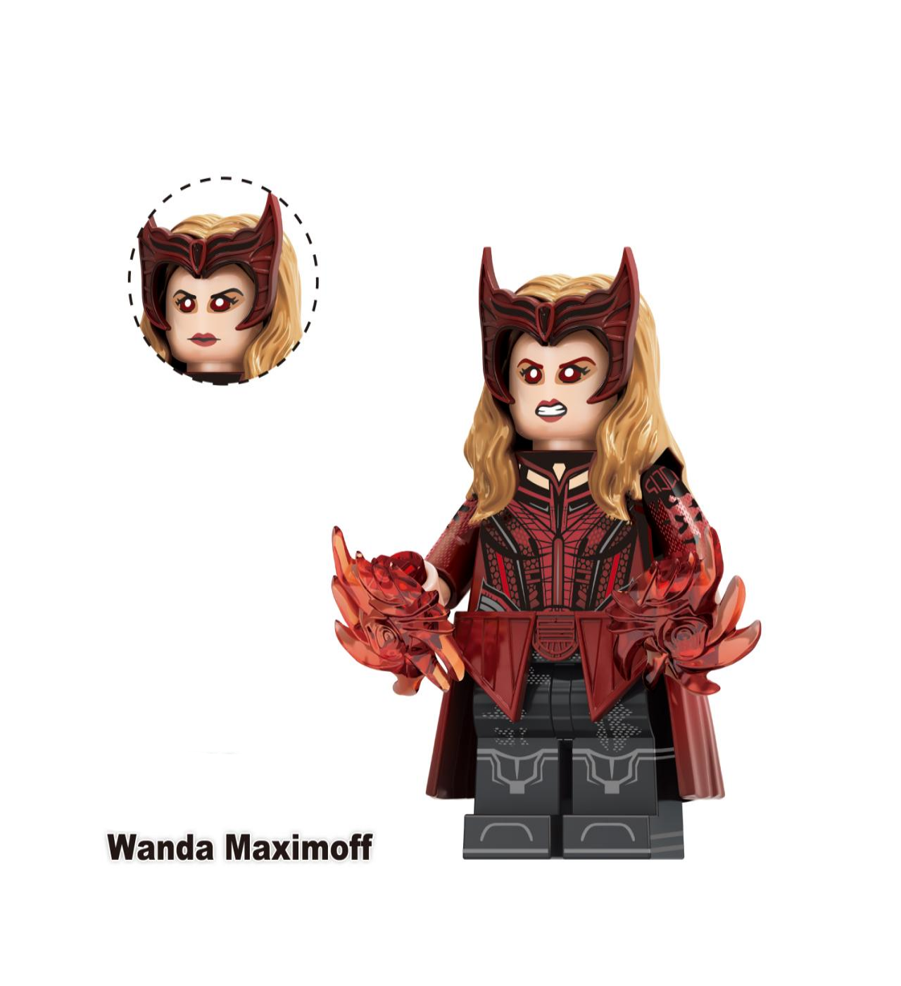 Wanda Maximoff Scarlet Witch Custom LEGO Minifigure in Red-and-Black Costume with Tiara and Magic Effects – High-Quality ABS Plastic