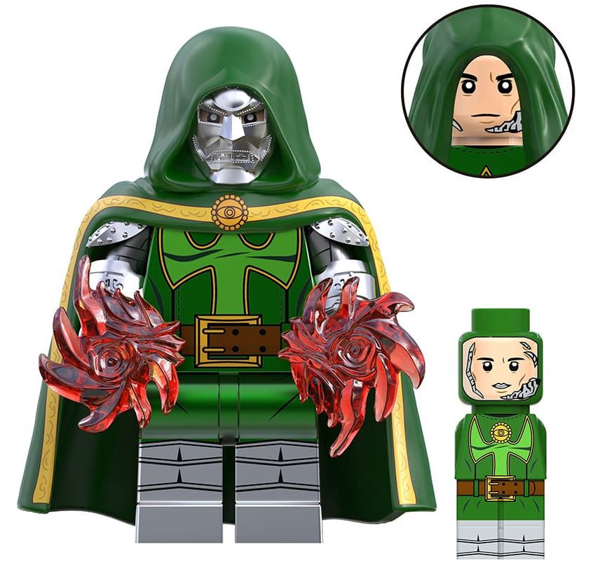 dr doom LEGO minifigure  
armored villain custom figure  
masked monarch brick toy  
fan made marvel inspired minifig  
green cloak villain LEGO  
superhero enemy custom figure  
LEGO compatible armored villain  
