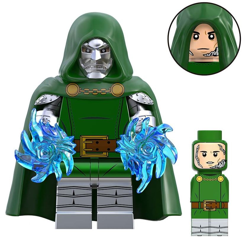dr doom LEGO minifigure  
armored villain custom figure  
masked monarch brick toy  
fan made marvel inspired minifig  
green cloak villain LEGO  
superhero enemy custom figure  
LEGO compatible armored villain  
