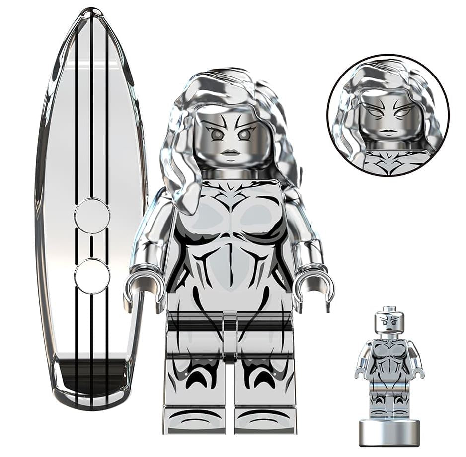 female silver surfer LEGO minifigure  
cosmic heroine custom figure  
space surfer minifig toy  
fan made marvel inspired minifigure  
galactic female superhero  
LEGO compatible cosmic hero  
silver board minifigure  
