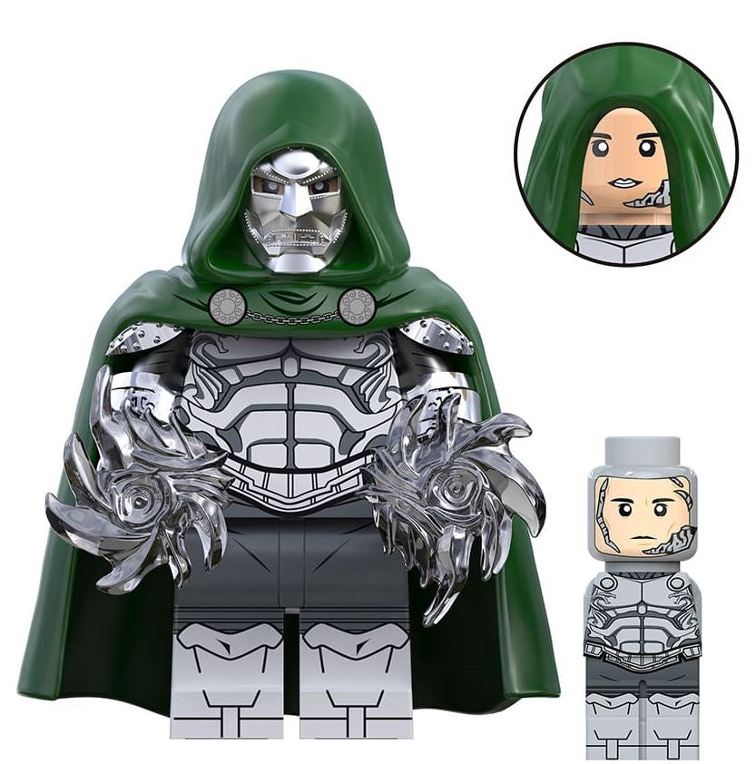 dr doom LEGO minifigure  
armored villain custom figure  
masked monarch brick toy  
fan made marvel inspired minifig  
green cloak villain LEGO  
superhero enemy custom figure  
LEGO compatible armored villain  
