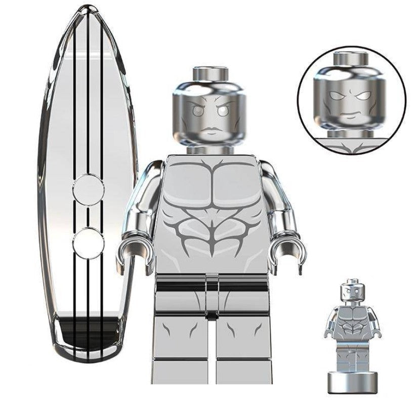 "Silver Surfer custom LEGO minifigure with silver surfboard and metallic finish"