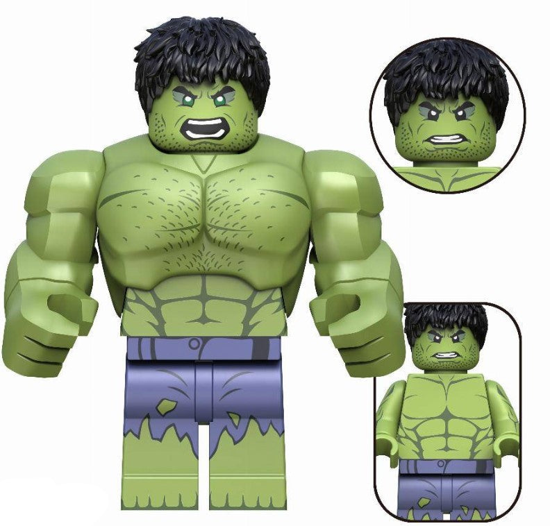Custom green superhero minifigure with muscular design and torn purple pants, LEGO-compatible