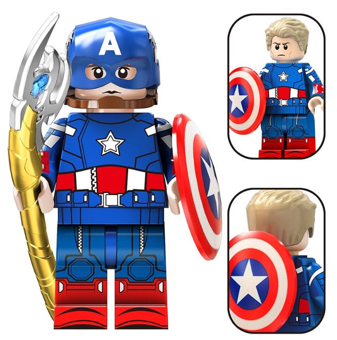 Custom patriot hero minifigure with red, white, and blue armor and shield, LEGO-compatible